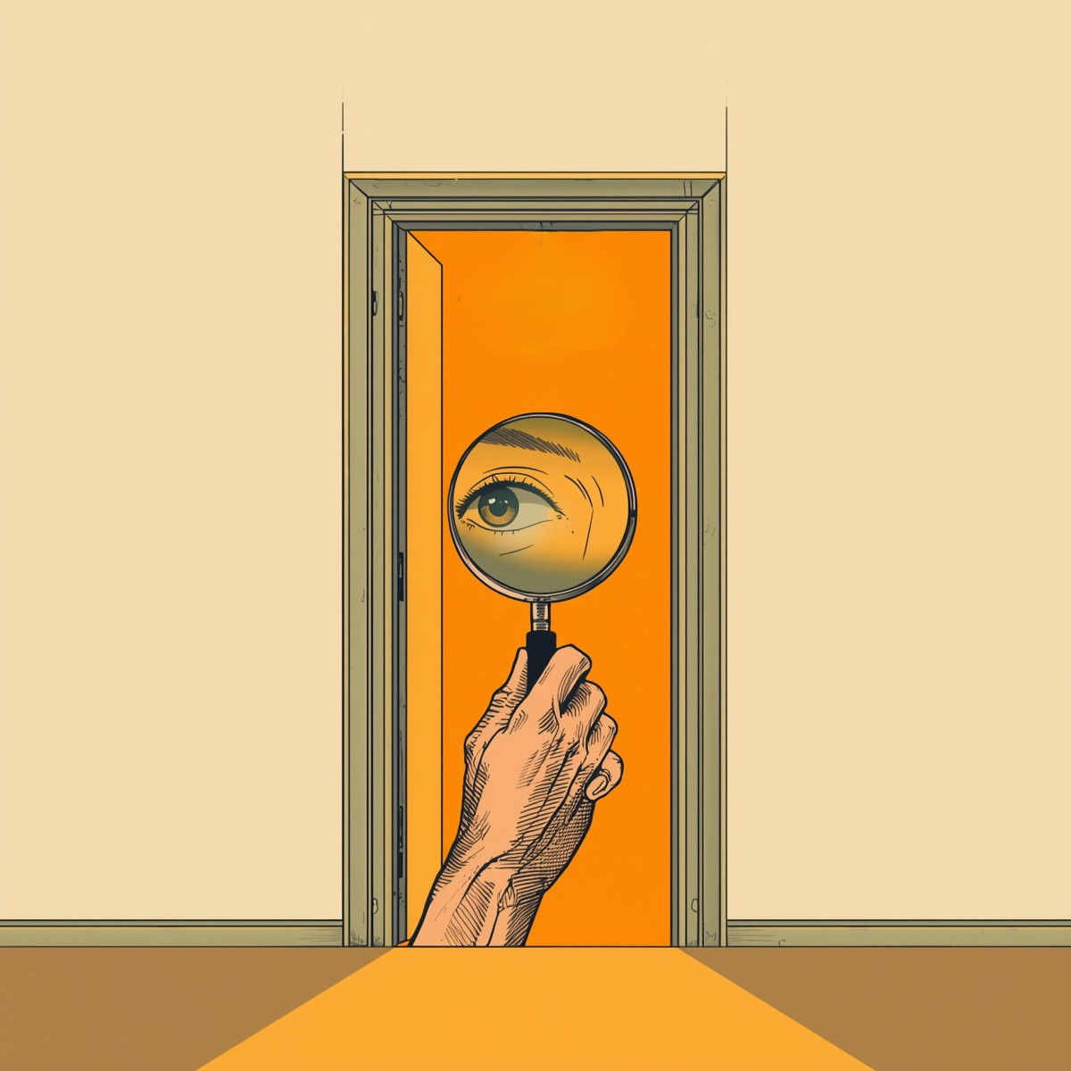 A hand holds a magnifying glass in an open doorway, an eye looking through