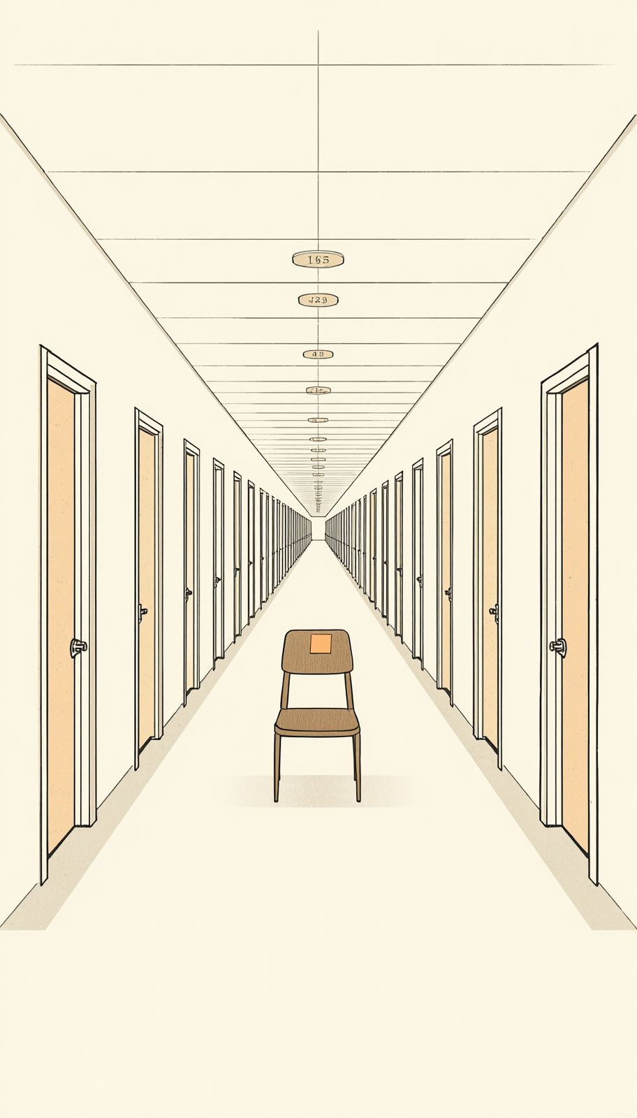 An empty chair in an institutional corridor